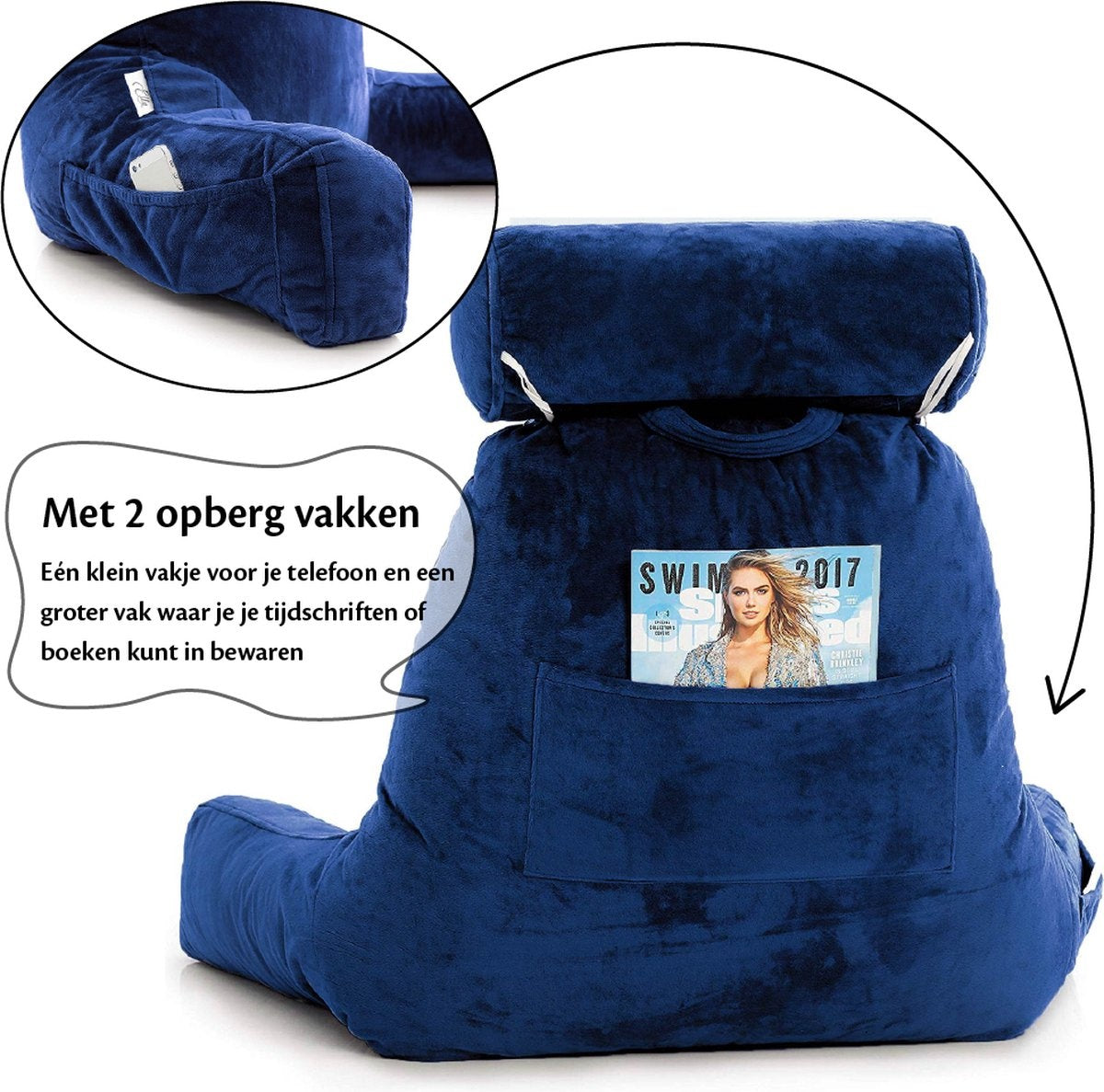 Ella - Lesekissen mit Nackenrolle - Entspannungskissen - Stütze für den unteren Rücken - Samt Marineblau