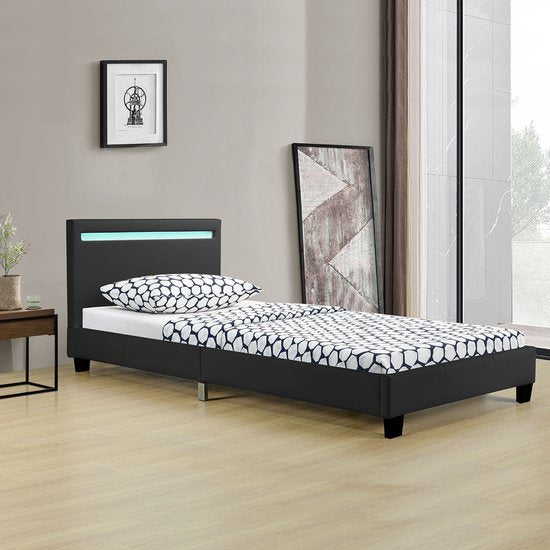 Polsterbett Verona - 90 x 200 cm - Schwarz - LED-Beleuchtung