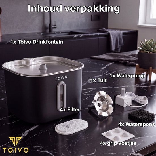 Toivo Trinkbrunnen für Katzen – 2,2 l – Edelstahl – Trinkbrunnen mit Sichtfenster, inkl. 4 Filter – Wasserspender – Flüsterleise – Katzenbrunnen – Trinknapf – Wassernapf – Schwarz
