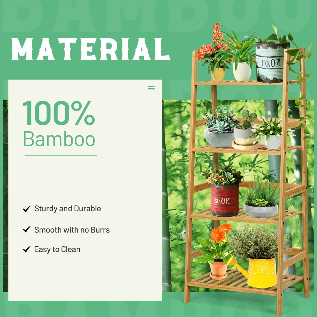 Coast 4-tier Ladder Shelf Plant Stand and Bamboo Book Rack - Natural - 48x32x114 cm