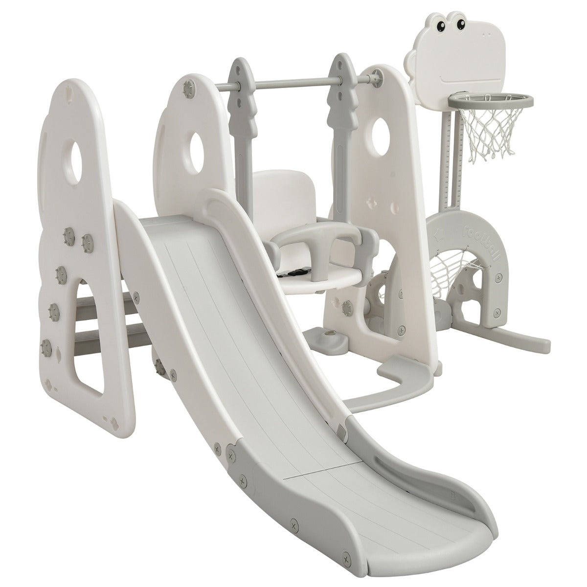 Rutsche und Schaukel Set für Kleinkinder 6-in-1 Spielset mit Kletterrutsche Basketballkorb Fußballtor und Golfloch Grau