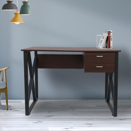 Schreibtisch Computertisch Stabil - Beistelltisch - Industrie Vintage - Schwarz Metall Braun Holz