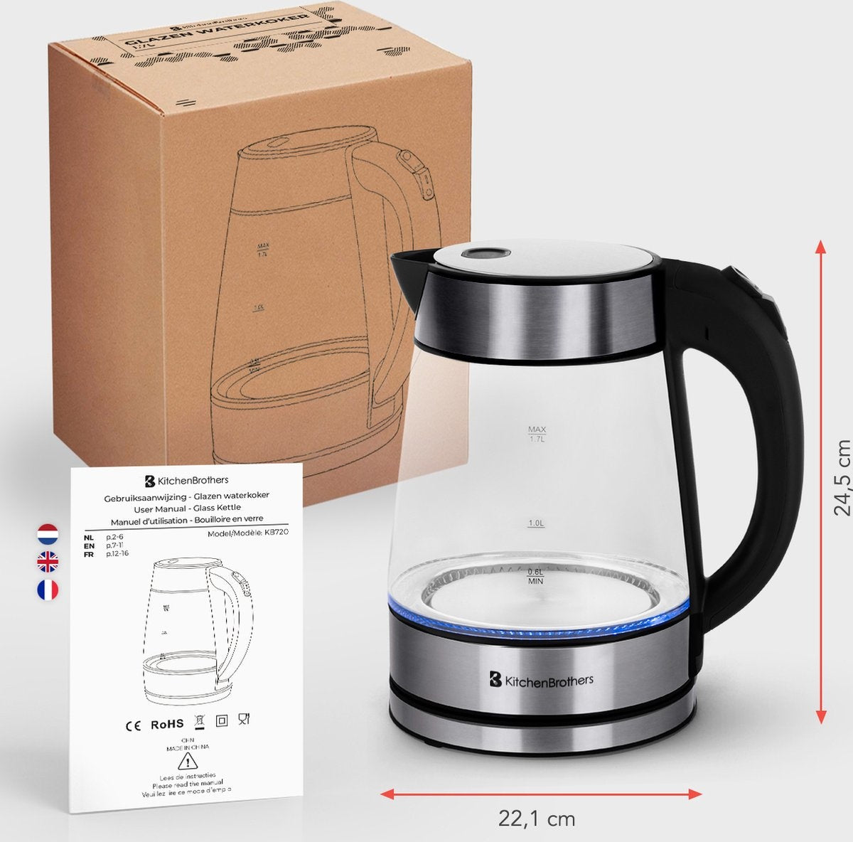 KitchenBrothers - Elektrischer Wasserkocher - Retro - 1,7L - mit Filter - 2200W - Glas - rostfreier Stahl