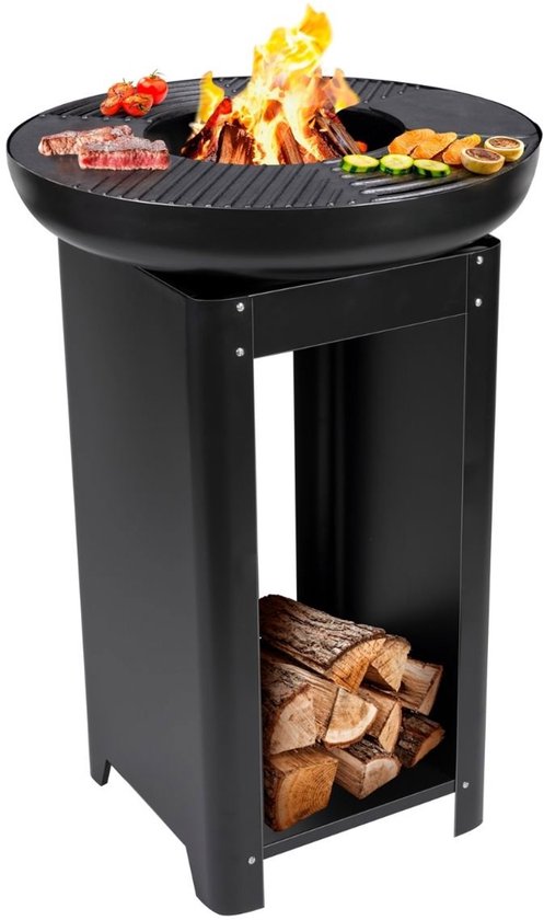 Alpina 3-in-1-Feuerkorb und Grillplatte – Gartenkamin 61 x 90 cm – mit Teppanyaki-Grillplatte – Plancha-Grill mit Holzlager – Feuerkorb für den Außenbereich – Metall