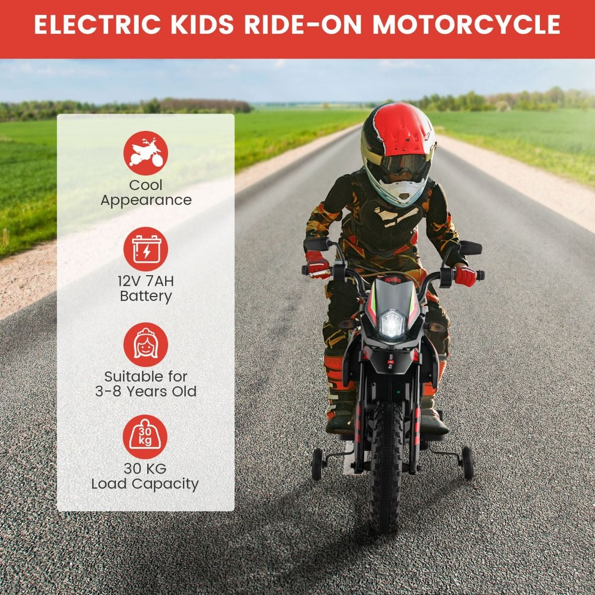 Elektromotorrad Aprilia-Führerschein für Kinder mit 2 Stützrädern 12V Batteriebetriebenes Motorrad mit Musik für Kinder von 3-8 Jahren