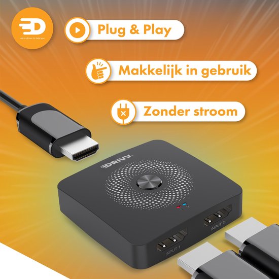 Drivv. HDMI-Umschalter - 2-in-1 out / 1-in-2 out - Bidirektional - Unterstützt 720p/1080p/4K/3D - Schwarz