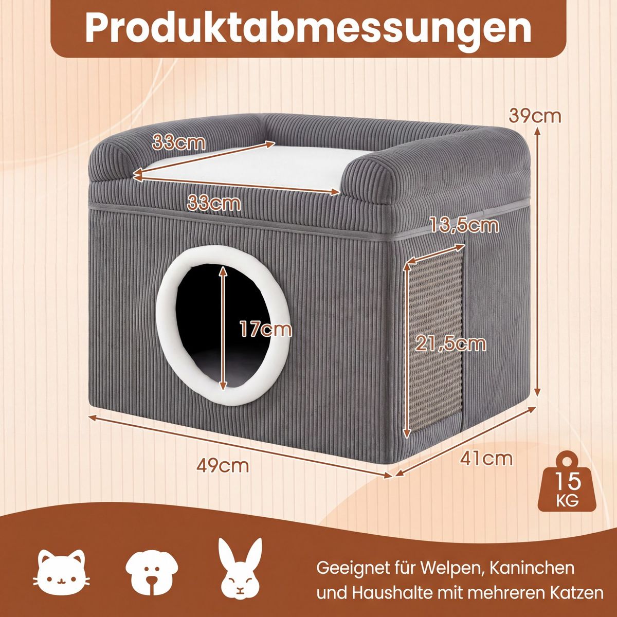 Coast Faltbares Katzenhaus – mit Sisal-Kratzmatte – weiches Kissen und erhöhte Ränder – grau