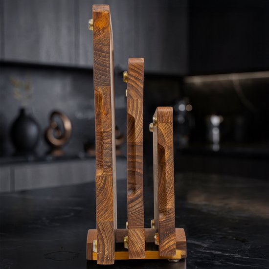 Villux Schneidebrett – Schneidebrett-Set mit Halterung – Schneidebrett aus Holz – Schneidebretter – Schneidebrett aus Teakholz – Holz-Schneidebrett – Schneidebrett-Set – Tapas-Brett - Snackbrett – Servierbrett – Häppchenbrett – Inklusive E-Book – 3 Stück