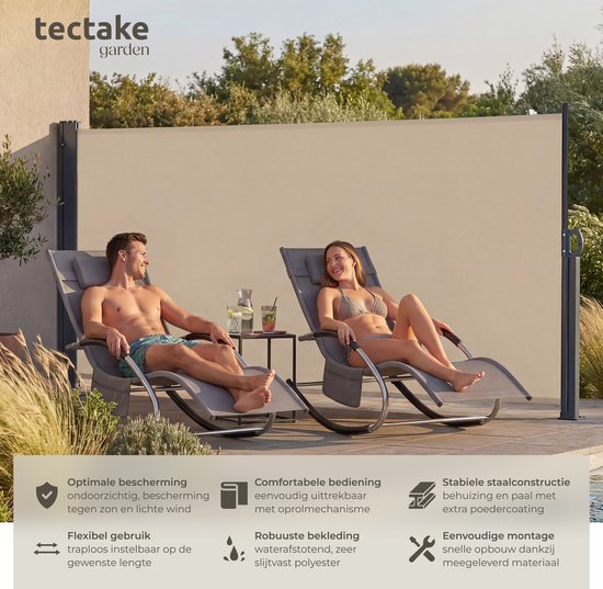 tectake® Ausziehbarer Windschutz mit Aufrollmechanismus – 300 x 160 cm – Seitenmarkise mit Aluminiumrahmen – Sonnenschutz – Gartenschutz – Beigefarbene Balkonmarkise – Undurchsichtiger Sichtschutz – Markisentuch