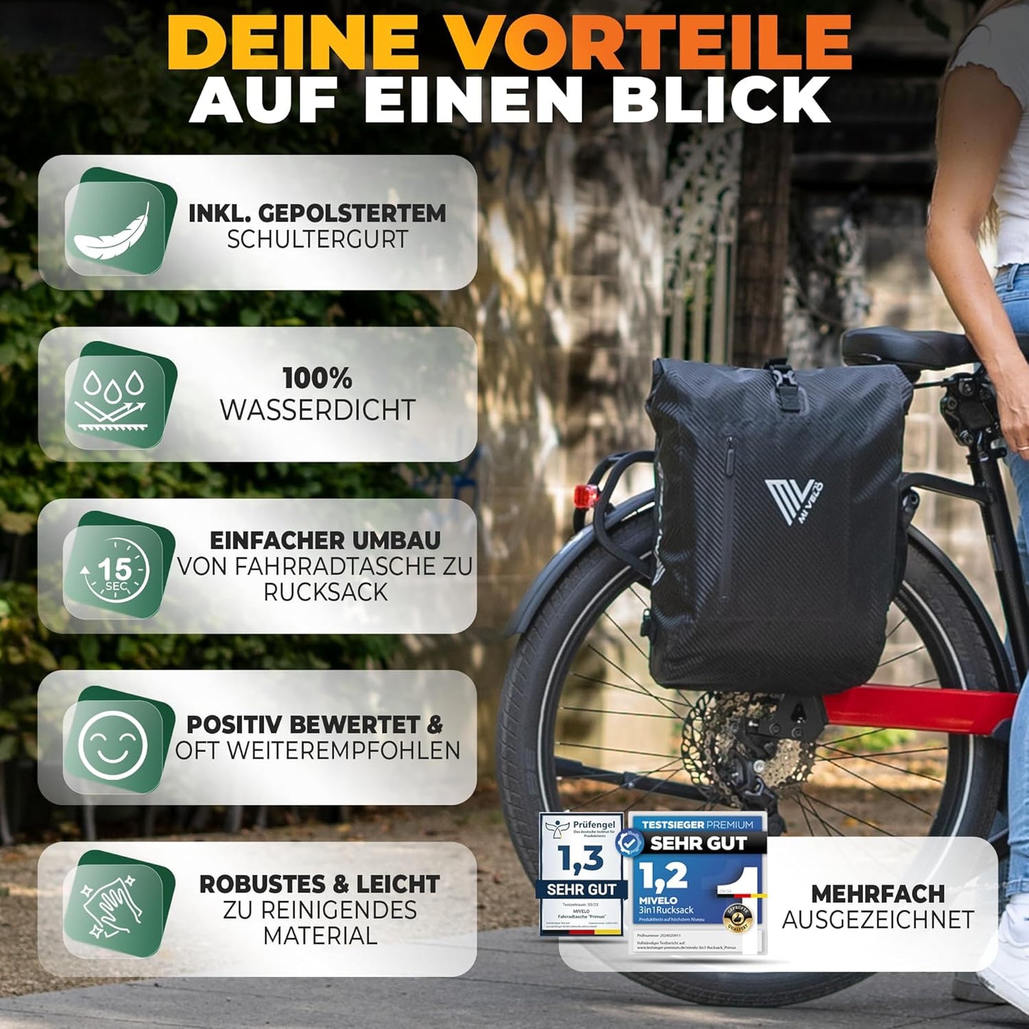 MIVELO PRIMUS - 3-in-1 wasserdichte Packtasche mit Laptopfach und Schloss - Carbon - 20 L