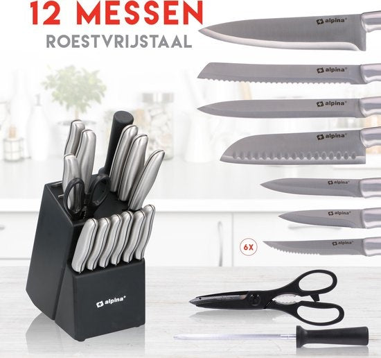 alpina Messerset - Messerblock - 15-teilig - Edelstahl - Schwarz/Silber