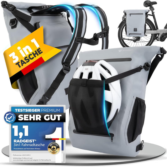 RADGEIST 3in1 Fahrradtasche für Gepäckträger I Fahrradtasche, Rucksack & Umhängetasche 18-22L I Tasche für Fahrrad 100% wasserdicht grau