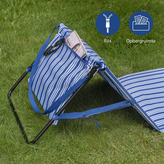Campart Strandstuhl und Strandliege BE-0421 – Klappbare Liege und Stuhl – Strandmatte mit verstellbarer Rückenlehne – Mit abnehmbarem Kopfkissen – Blau-Weiß