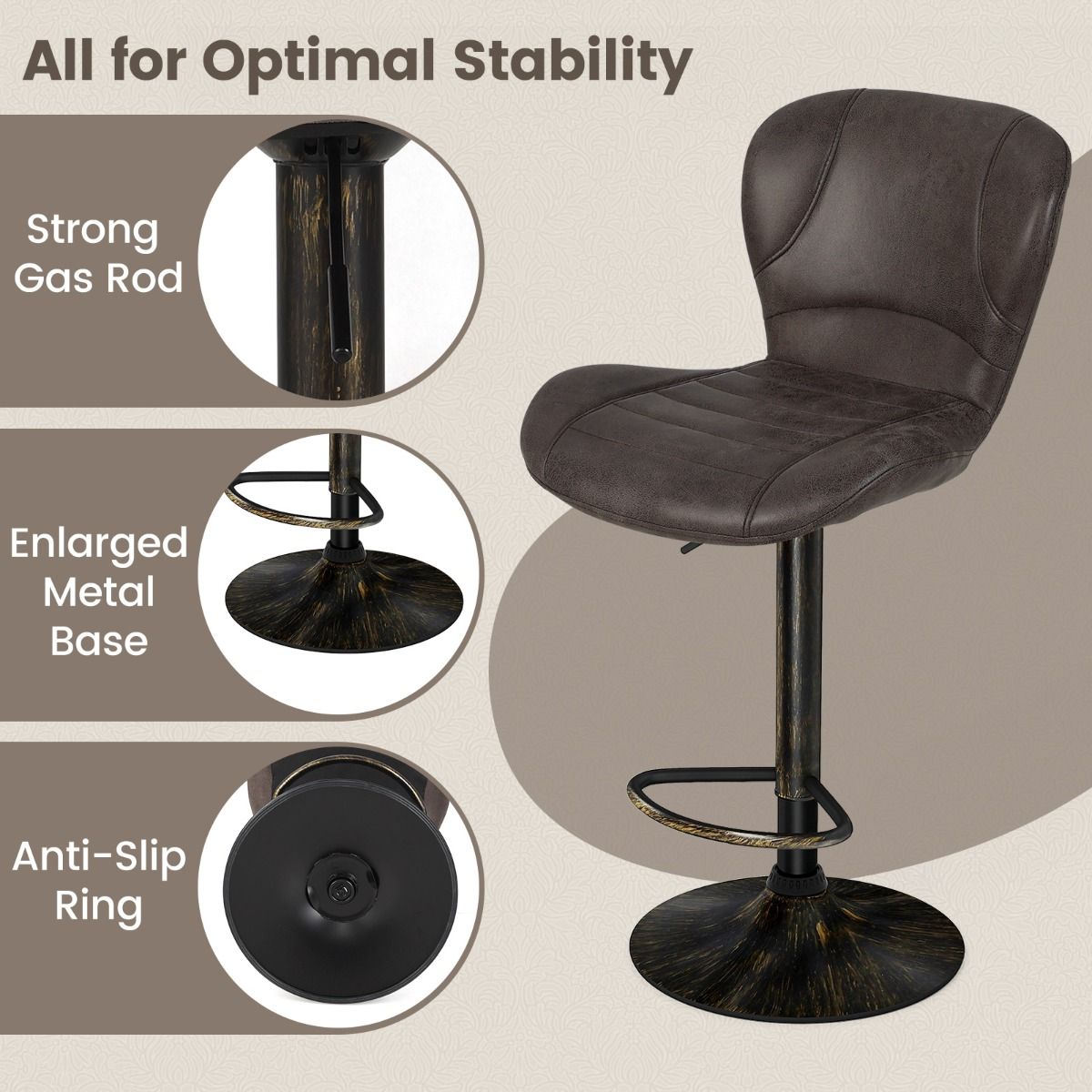 Coast Barhocker, 2er-Set – höhenverstellbar 61–81 cm – drehbar, mit Rückenlehne und Fußstütze – braun