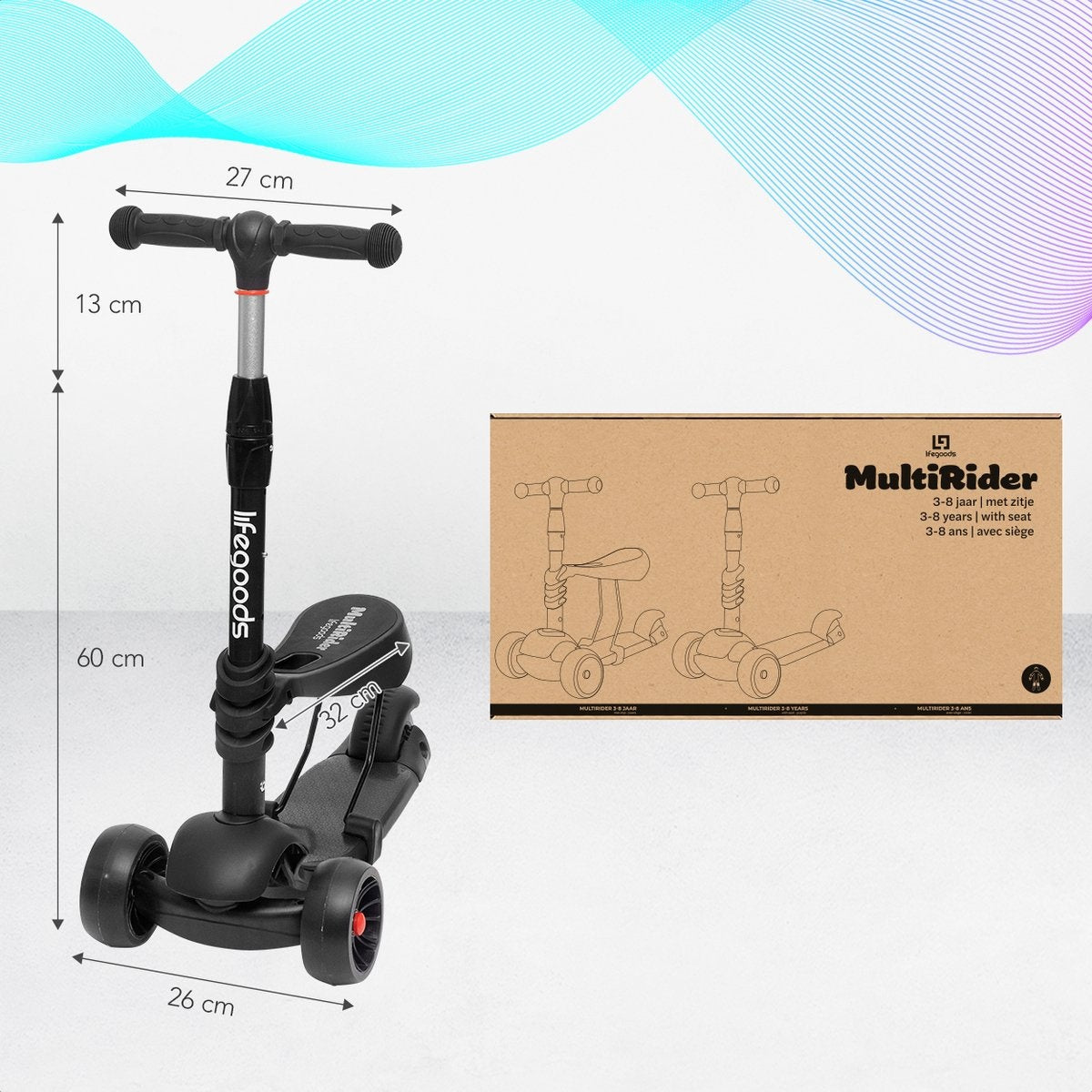 LifeGoods MultiRider Kids' Scooter - Stufe 3-8 Jahre - Verstellbarer Sitz - Leuchtende Räder - Jungen/Mädchen - Schwarz