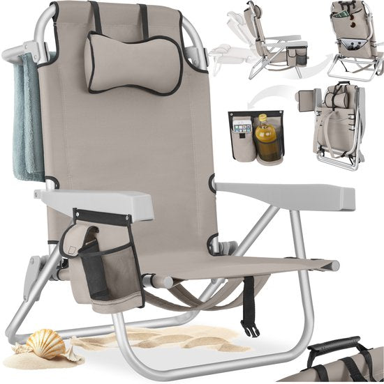tectake® Beach Chair Coral - faltbarer Campingstuhl mit Kühltasche und Aufbewahrungstasche - 5-fach verstellbare Rückenlehne mit Kopfkissen - breite Armlehnen mit Becherhalter / Telefonhalter - faltbarer Campingstuhl - Beige