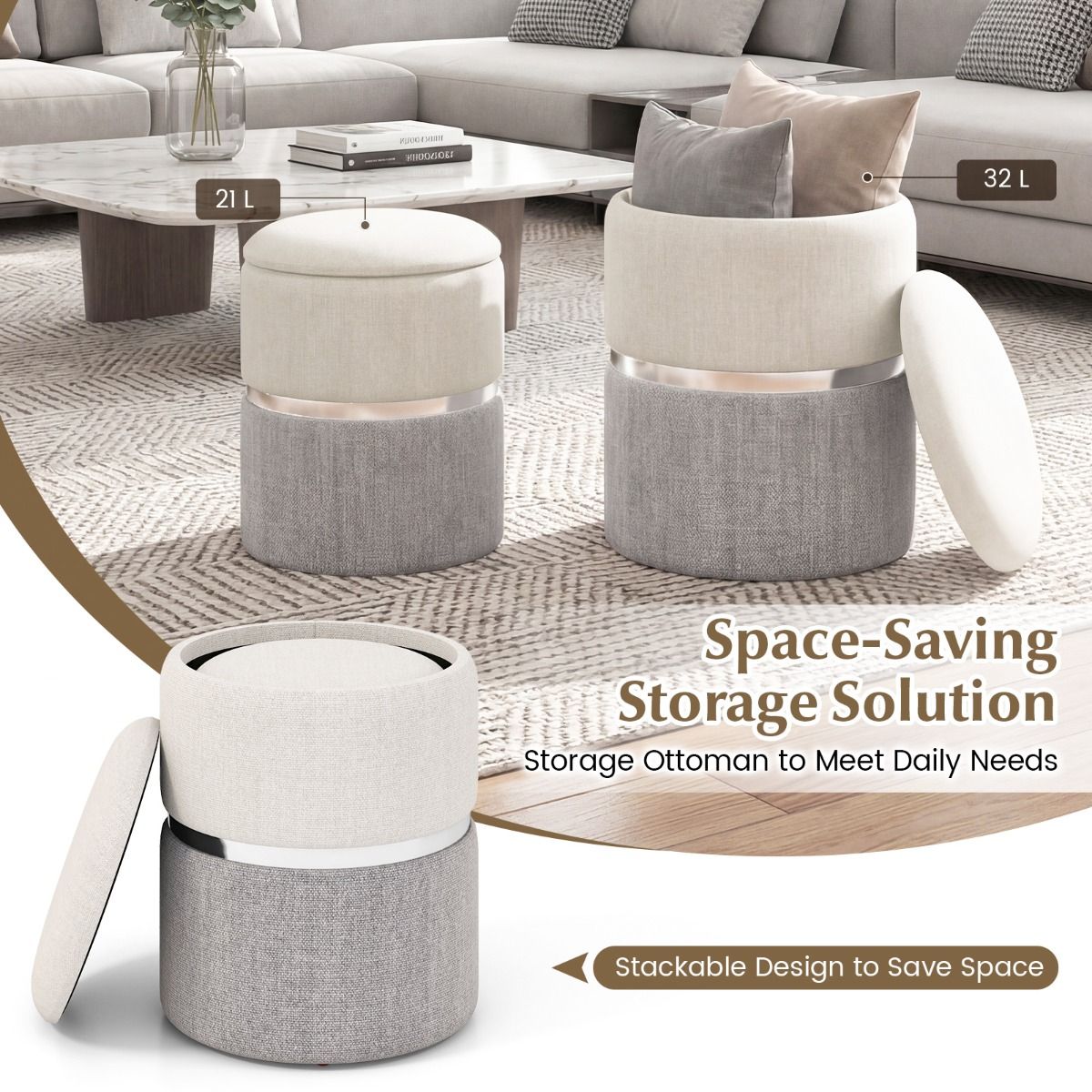 Coast Aufbewahrungshocker-Set – Set aus 2 runden Hockern – Leinenstoff – silberner Akzentring – beige und grau
