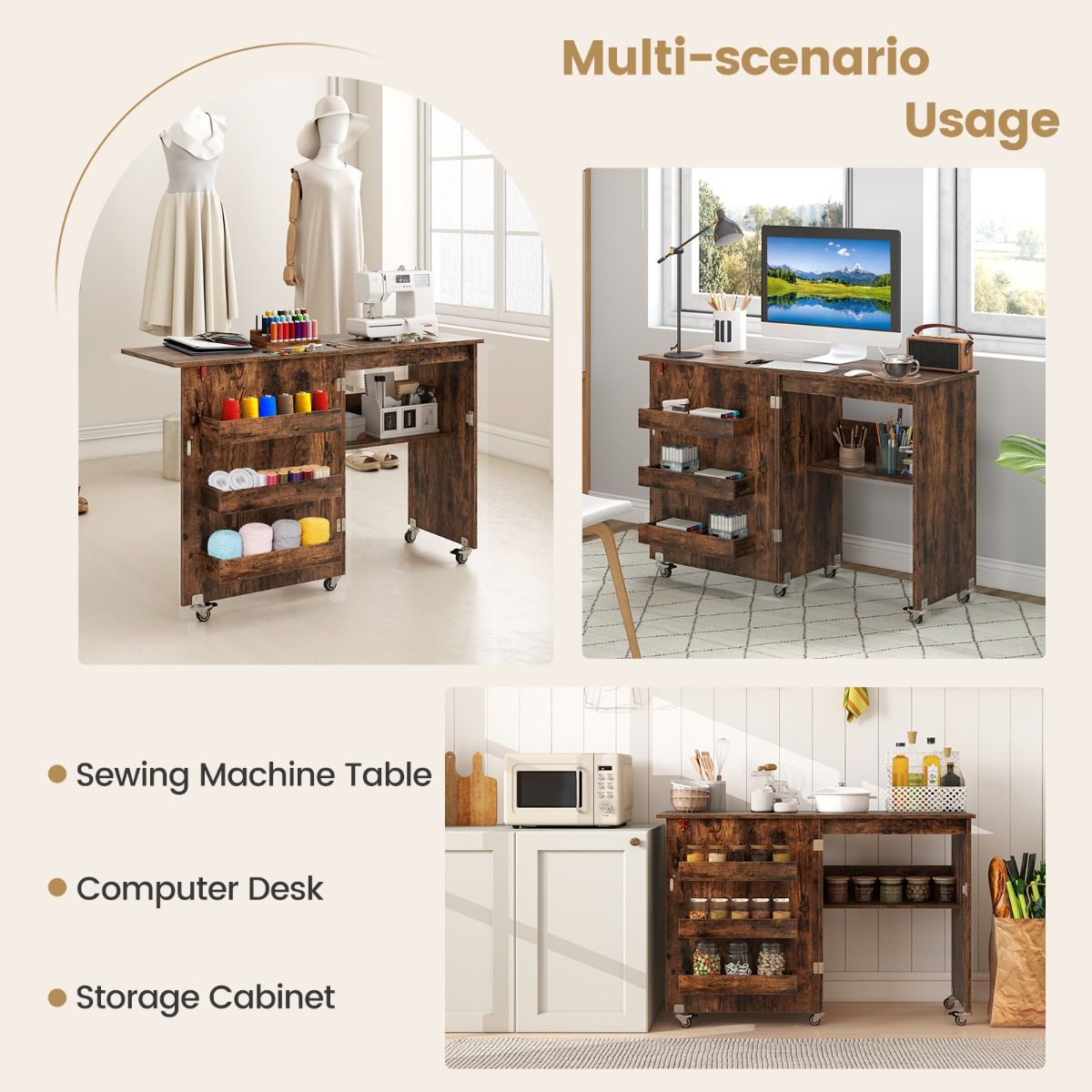 Coast Klappbarer Näh-Tisch – Mobile Bastelstation – Mit Ablagegestell und versteckten Staufächern – Grün 118,5 x 40 x 79,5 cm