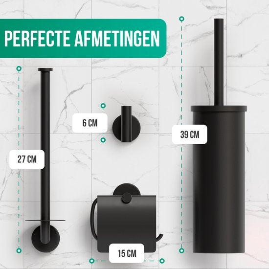Avalo Toilettenzubehör Set Schwarz 4-teilig - Luxus-Toilettengarnitur - Toilettenbürste mit Halter / Toilettenpapierhalter / Ersatzpapierhalter / Handtuchhaken - inkl. Befestigungsmaterial