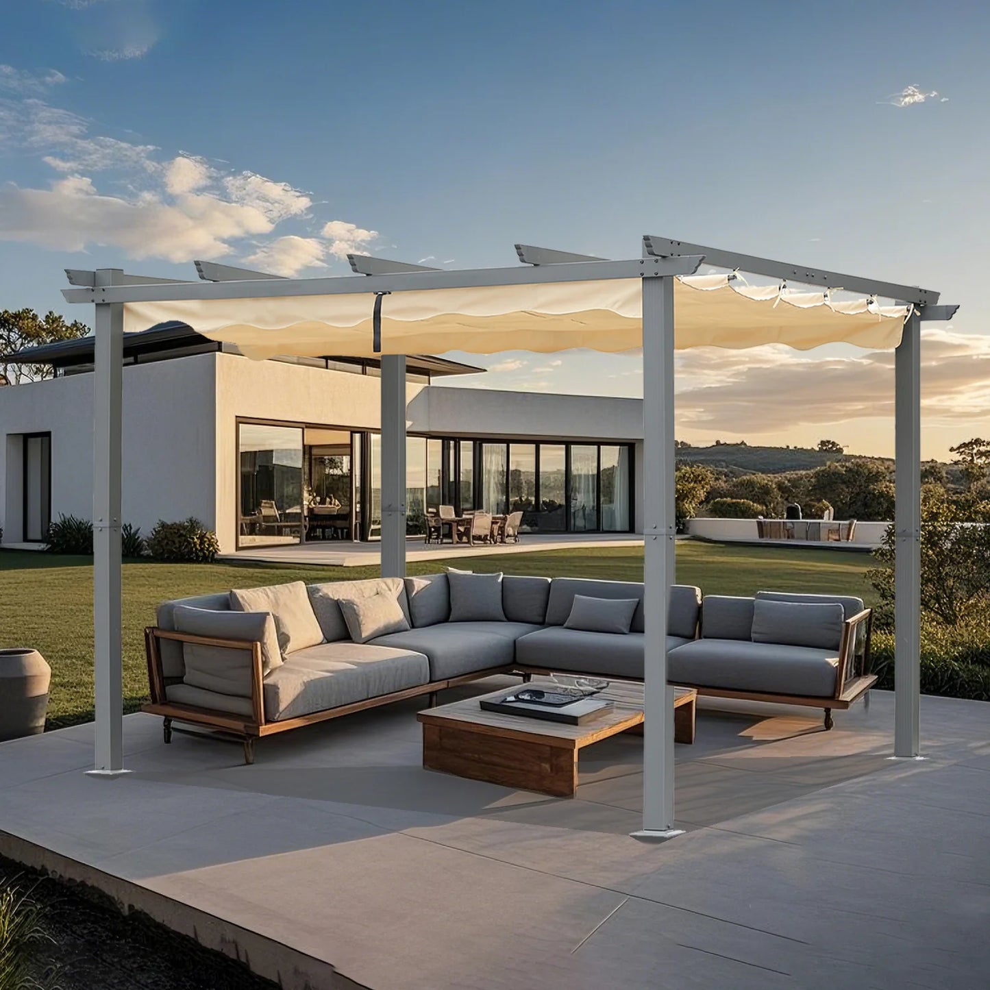 Angel Living Aluminium-Pergola 3×4 m Beige – Verstellbares Polyester-Dach, Dachrohre aus Stahl, pulverbeschichtet