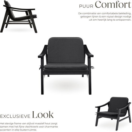 tectake - Garden Chair - Holzstuhl für Balkon oder Garten - Korbgeflecht-Sitzfläche - Outdoor-Sessel - Belastbarkeit bis 150kg - Stuhl für den Innen- und Außenbereich - inkl. Kissen - schwarz