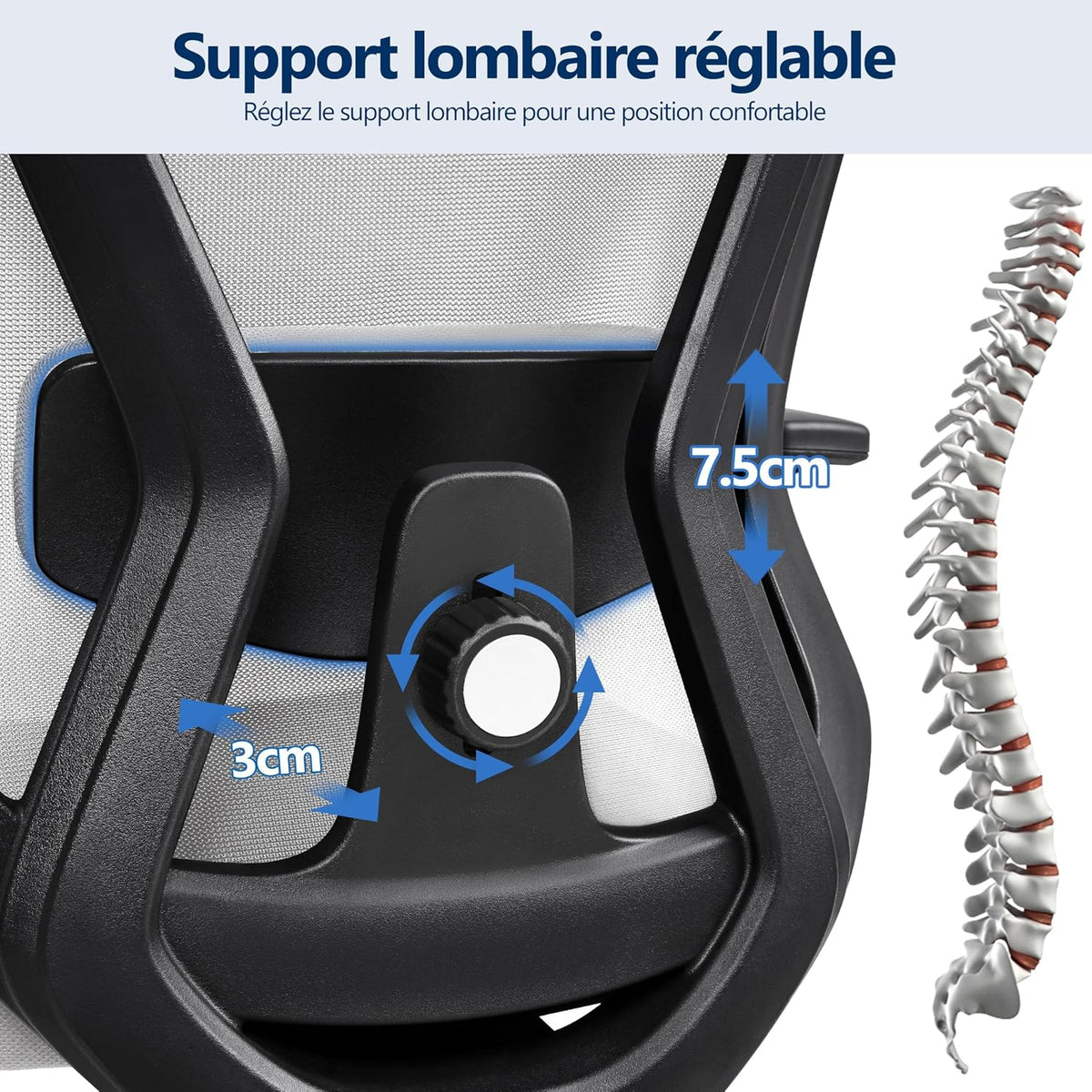 Yaheetech Ergonomischer Bürostuhl mit verstellbarer Lendenwirbelstütze und Kopfstütze 70 × 70 × 125 cm Hellgrau