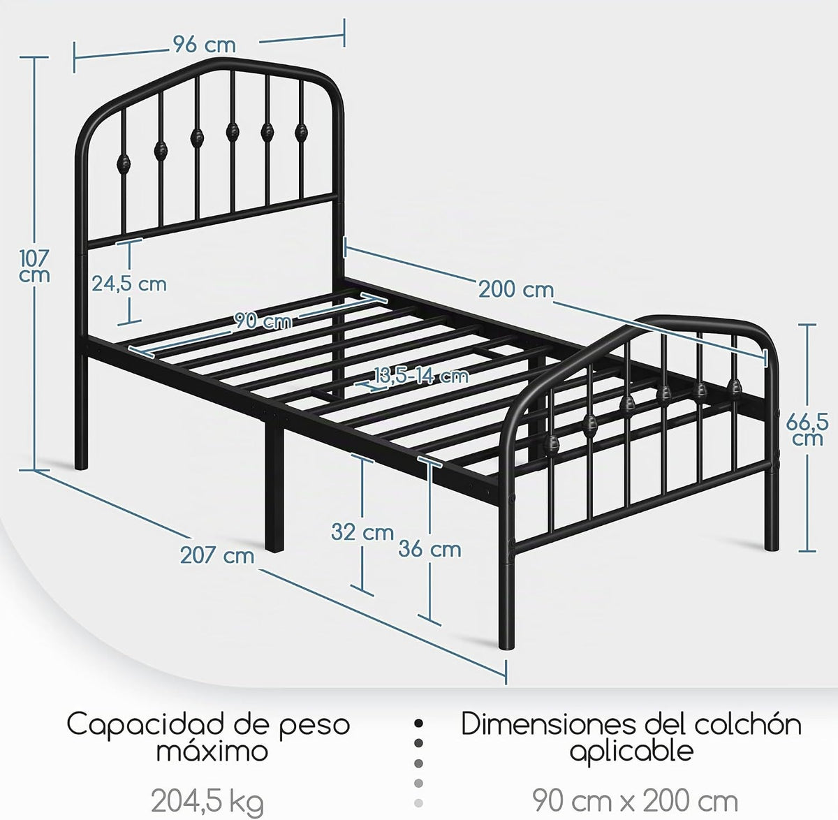 Yaheetech Metallbettgestell – 90 x 200 cm – Schwarz