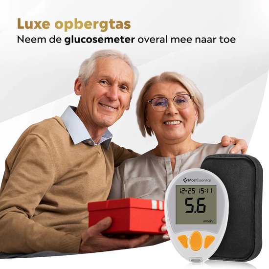 MostEssential Premium Blutzuckermessgerät Starter Pack - Blutzuckermessgerät - Diabetes Messgerät - Alles in einem Set - Inklusive Aufbewahrungsbeutel, Stechhilfe, 10 Teststreifen & 10 Lanzetten