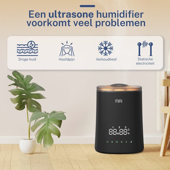 MiRi Nimbus - Luftbefeuchter - Luftbefeuchter - 4.5L - Luftfeuchtigkeitsmesser - Ionisator - 50m² - Ultraschall - Fernbedienung - Touch Controls - Aromatherapie
