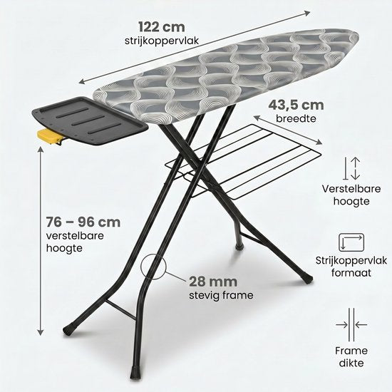 STAUS&BACH Bügelbrett X – für Dampfgenerator – 122 x 43,5 cm - Inklusive Ärmelbrett und Klappgestell - Höhenverstellbar von 76 bis 96 cm - Mit Halterung für Dampfbügelgerät - Dunkelgrau - Ironiq Pro