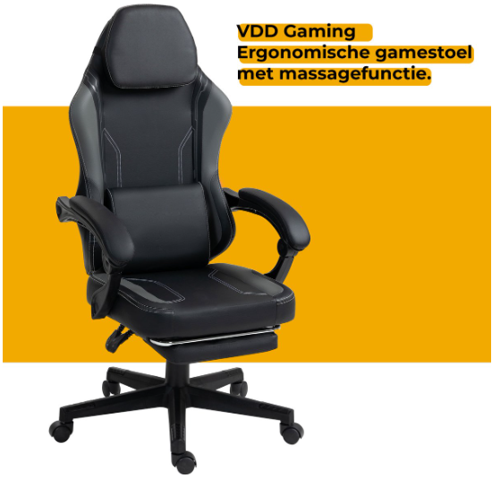 VDD Gaming-Gaming-Stuhl mit Massagefunktion – Schwarz/Grau – 70 x 70 x 125 cm – Verstellbar, Fußstütze, 150 kg