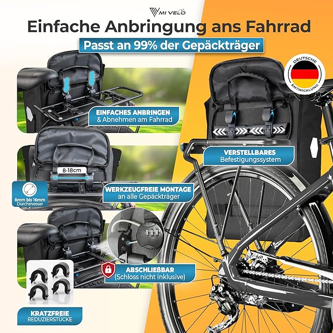 MIVELO Gepäckträgertasche - 3-in-1 - Rucksack - Gepäckträgertasche - Wasserdicht - Laptopfach - 20L