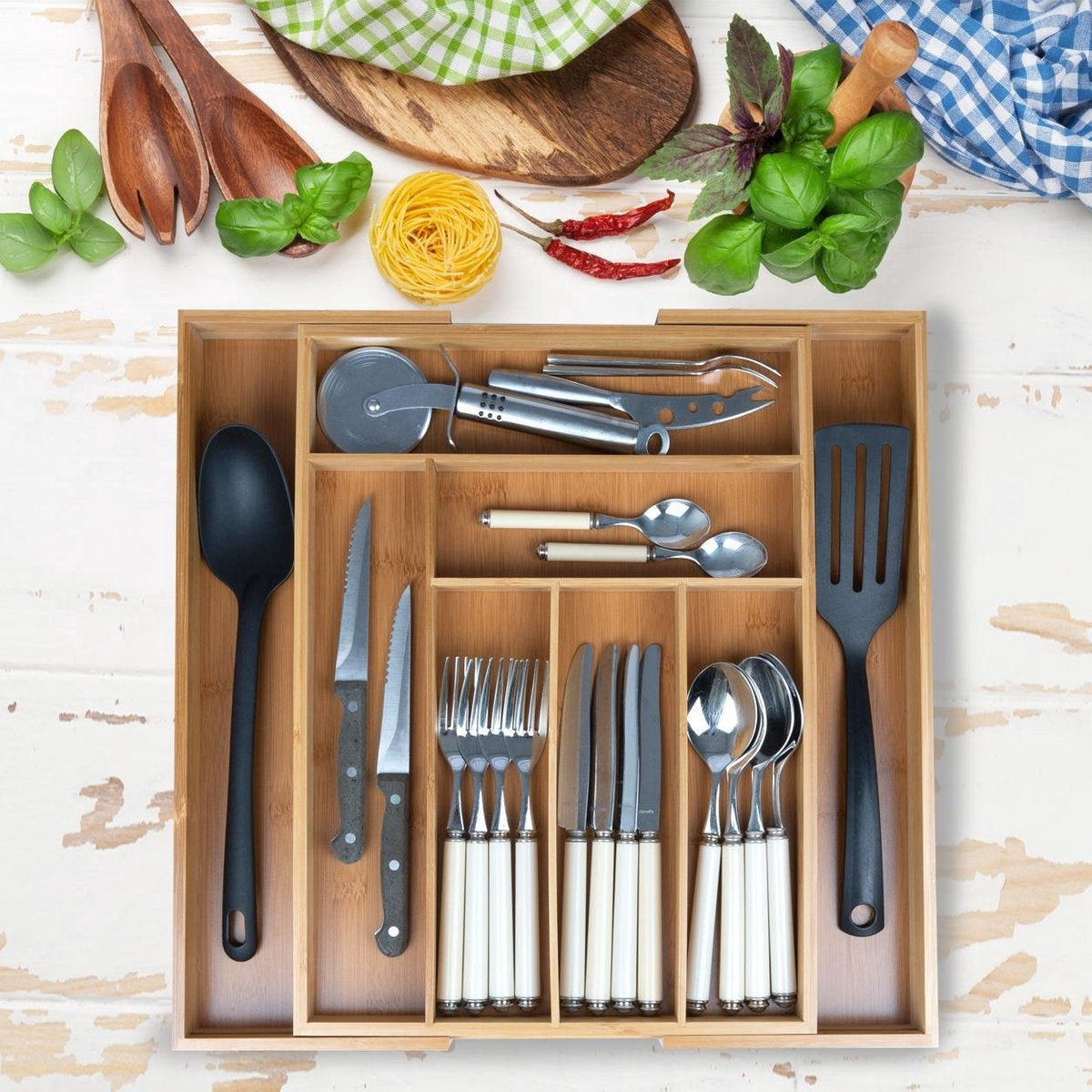 KitchenBrothers Besteckkasten - Verstellbare Besteckschublade - 30 bis 44.5cm - Bambusholz