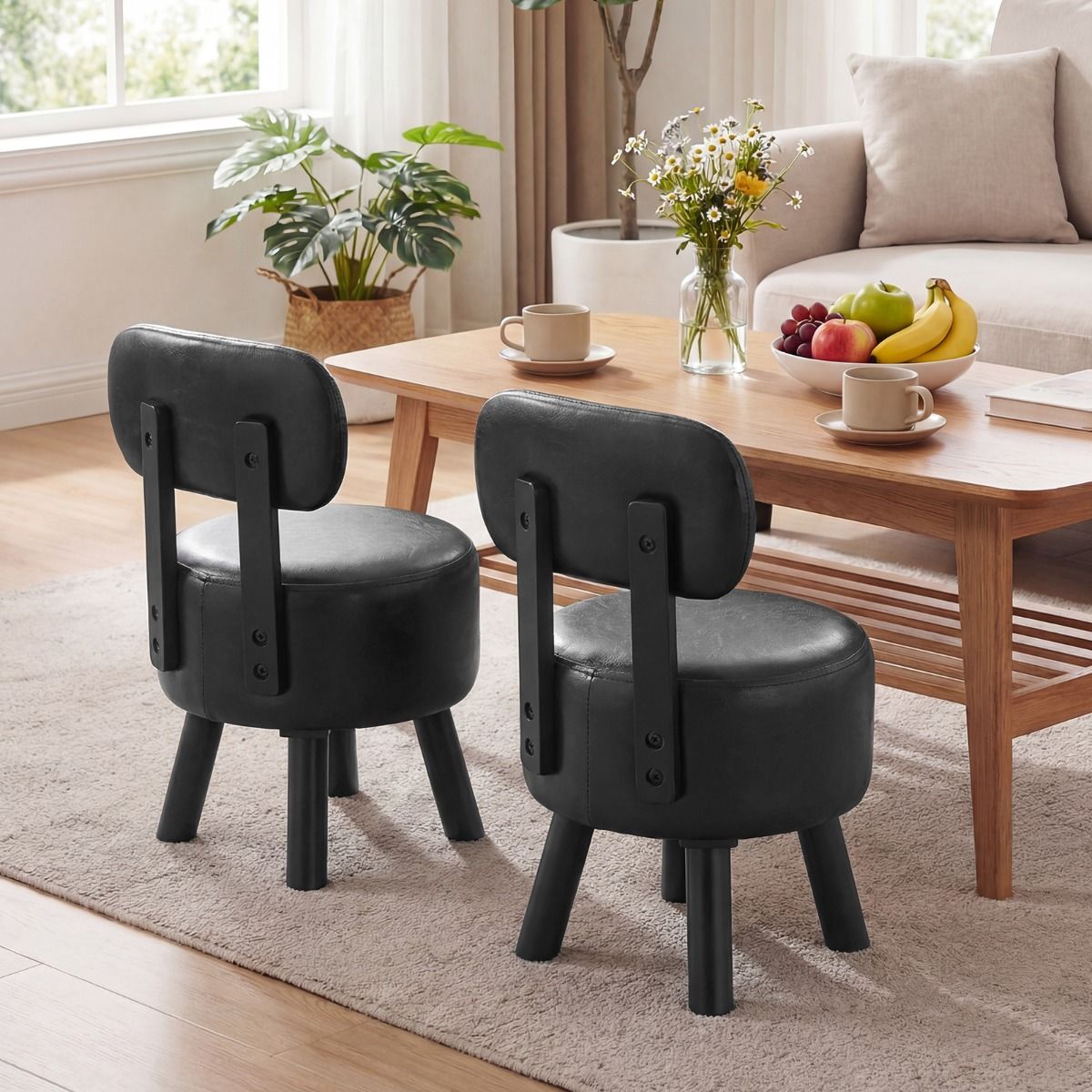 Coast Fußhocker mit Rückenlehne – gepolsterter Hocker – Kunstleder – schwarz – 2er-Set