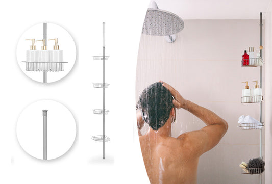 H&C Teleskopische Duschablage mit 4 Körben -21 x 21 x 152,5-268 cm - Grau