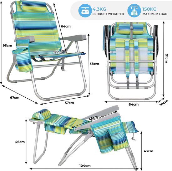 Luxuriöses Strandstuhl-Set (2er-Set) – Verstellbar (5 Positionen) – Zusammenklappbar mit Rucksackgurten, Kühltasche und Handtuchhalter – Grün/Blau gestreift