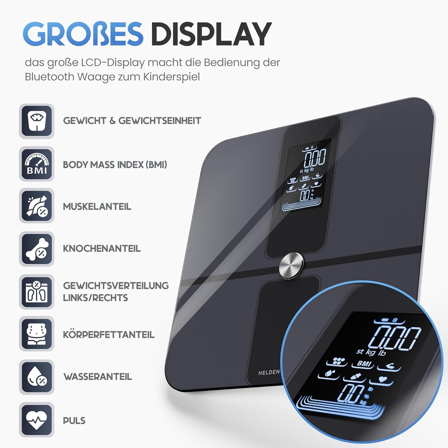Heldentum Waage - Digital - 180KG - Bluetooth - 32.9x31.2x4.7cm