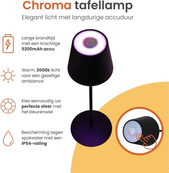 Goliving Chroma Tischlampe Wiederaufladbar - Kabellos und dimmbar - Touch Lampe - Nachtlampe Schlafzimmer & Wohnzimmer - RGBW - 37,5 cm - Schwarz