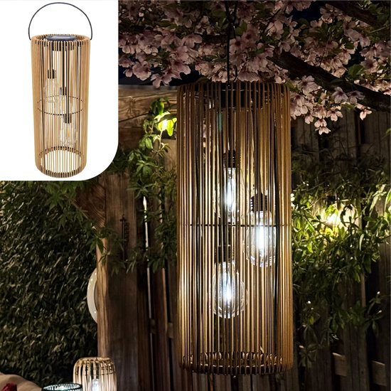 Gadgy Solar-Gartenbeleuchtung mit Solarenergie – Rattan-Laterne für den Außenbereich – Hängeleuchte oder Tischlampe – Spritzwassergeschützt – Stimmungsbeleuchtung für Garten, Balkon oder Terrasse – Braun – Ø 17 x 41 cm – Tag-/Nacht-Sensor