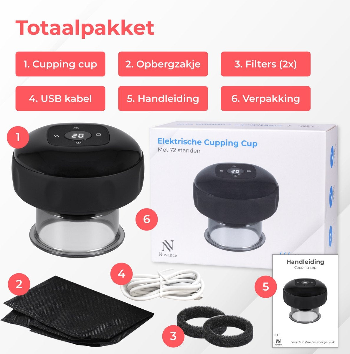 Nuvance - Elektrisches Cellulite-Massagegerät - 12 Stufen und Temperaturen - Inkl. eBook - Ganzkörper - Schröpfkopf-Set Massage - Cellulite-Schröpfköpfe - Hijama-Schröpfköpfe - Anti Cellulite