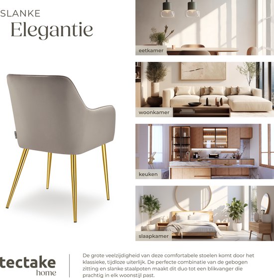 tectake Esszimmerstuhl Avane - Samtoptik - Gepolsterter Stuhl mit ergonomischen Armlehnen - Schlanke Stahlbeine in Gold - Belastbarkeit 120 kg - Komfortabler Ess- und Küchenstuhl - 2er-Set - Taupe