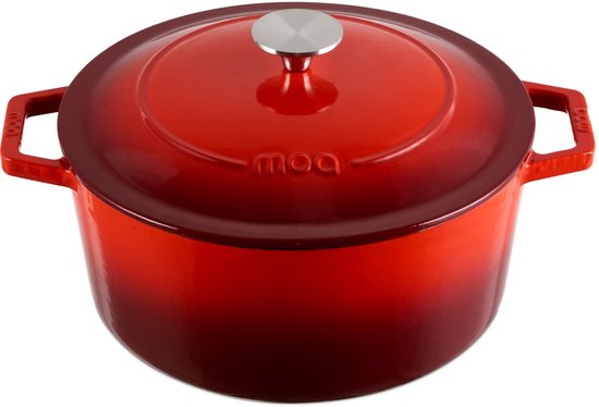 MOA Gusseisen-Kasserolle - 5,7L Eintopf - Für alle Wärmequellen inkl. Induktion - Mit Deckel - Ø 26cm - Antihaftbeschichtung - PFAS-frei - Rot
