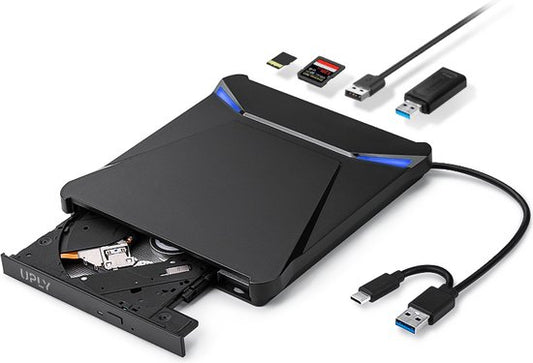 UPLY - Externer DVD-Player & Brenner - Windows und Mac - USB C & USB 3.0 - Externer DVD-Player für Laptop - Schwarz
