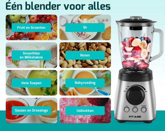 FITAGE Blender - Küchenmixer - 1200W und 1.9L Krug - Smoothie Maker - Mixer für unterwegs