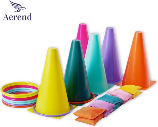 Aerend 3-in-1 Spielset für drinnen und draußen - Ringwerfen, Kegeln und Wurfsackwerfen - 26-teiliges Gartenspiel für Kinder**
