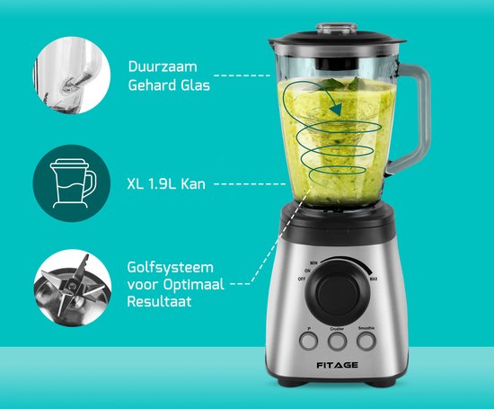 FITAGE Blender - Küchenmixer - 1200W und 1.9L Krug - Smoothie Maker - Mixer für unterwegs