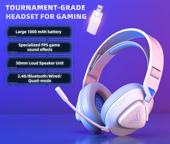 TAIDU Gaming Headset - 2.4GHz - PS4 Wireless - Over-Ear PS5 Kopfhörer - Mit Mikrofon - Leichtgewicht - Multiplattform - Weiß