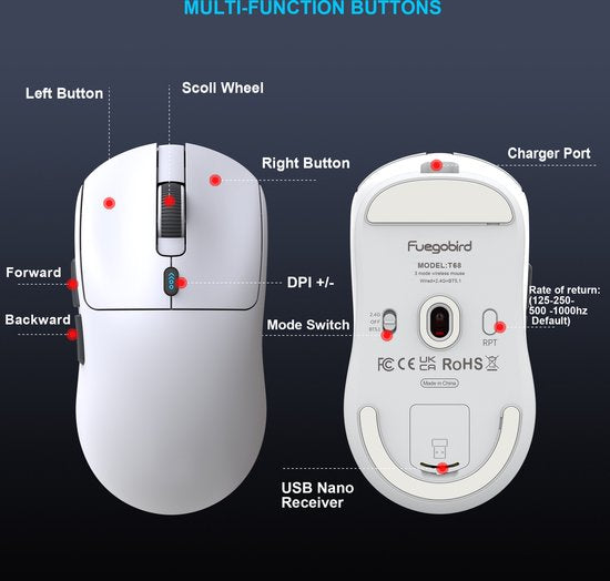 Fuegobird T68 - 2.4G Wireless Gaming Mouse - 12000DPI - PAW3311 - FPS/MOBA/MMO - Ultraleicht - Weiß