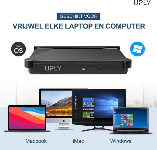 UPLY - Externer DVD-Player & Brenner - Windows und Mac - USB C & USB 3.0 - Externer DVD-Player für Laptop - Schwarz
