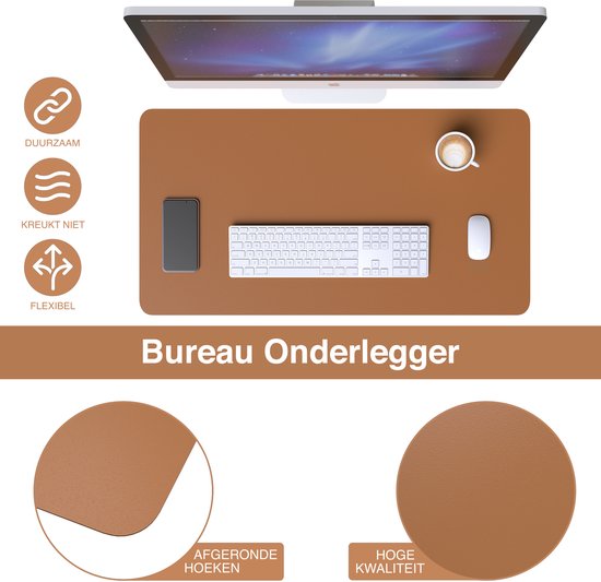 WURK Professional Schreibtischunterlage Kunstleder - Schreibtisch-Organizer - Schreibtischunterlage - Schreibtischzubehör - Mauspad XXL- Inklusive Kabelclip - 120x60 - Cognacbraun
